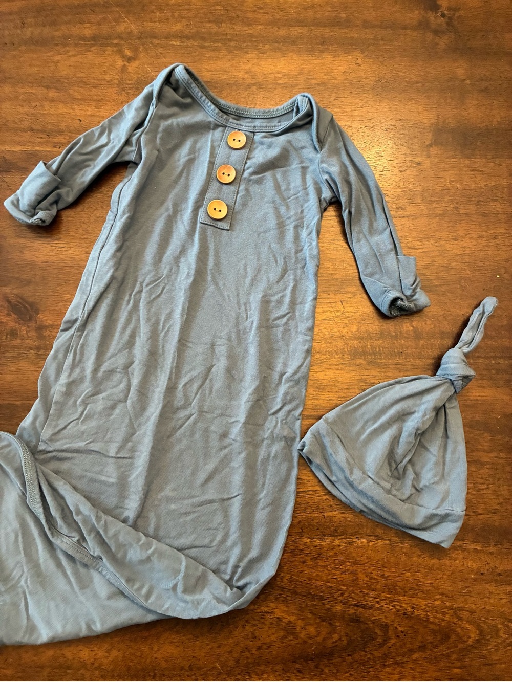 Caden Lane Bamboo Baby Knot Gown & Hat Solid Dusty Blue 0-3 Months Knotted Gown